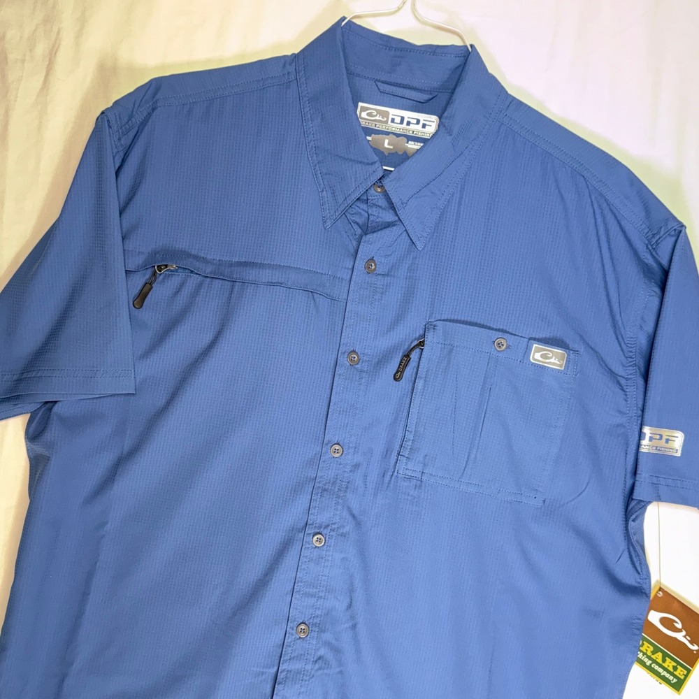 Drake Performance Fishing DPF Short Sleeve Button Up Shirt Blue‎ Men's Size L